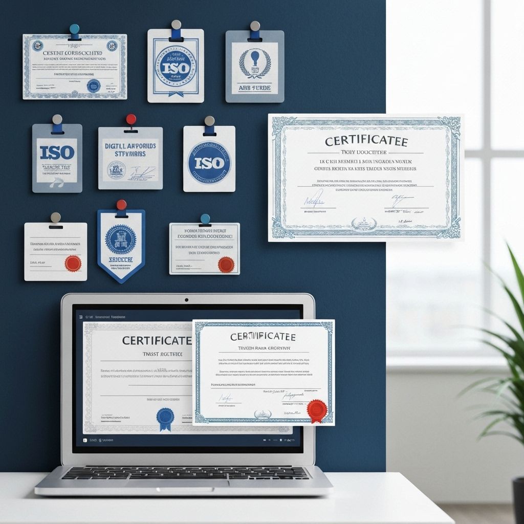 Display of various certifications and accreditations